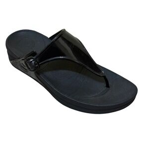 FitFlop Women Lulu Sandals 8 Black Patent Comfort Thong Support Glossy Travel